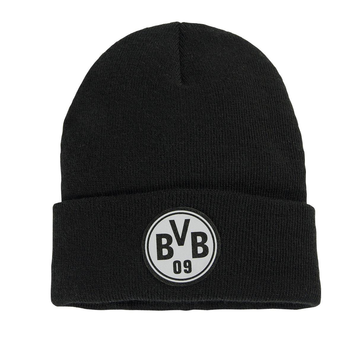 Schwarze Beanie-Mütze mit reflektierendem BVB-09-Logo, ideal für BVB-Fans und Kinder.