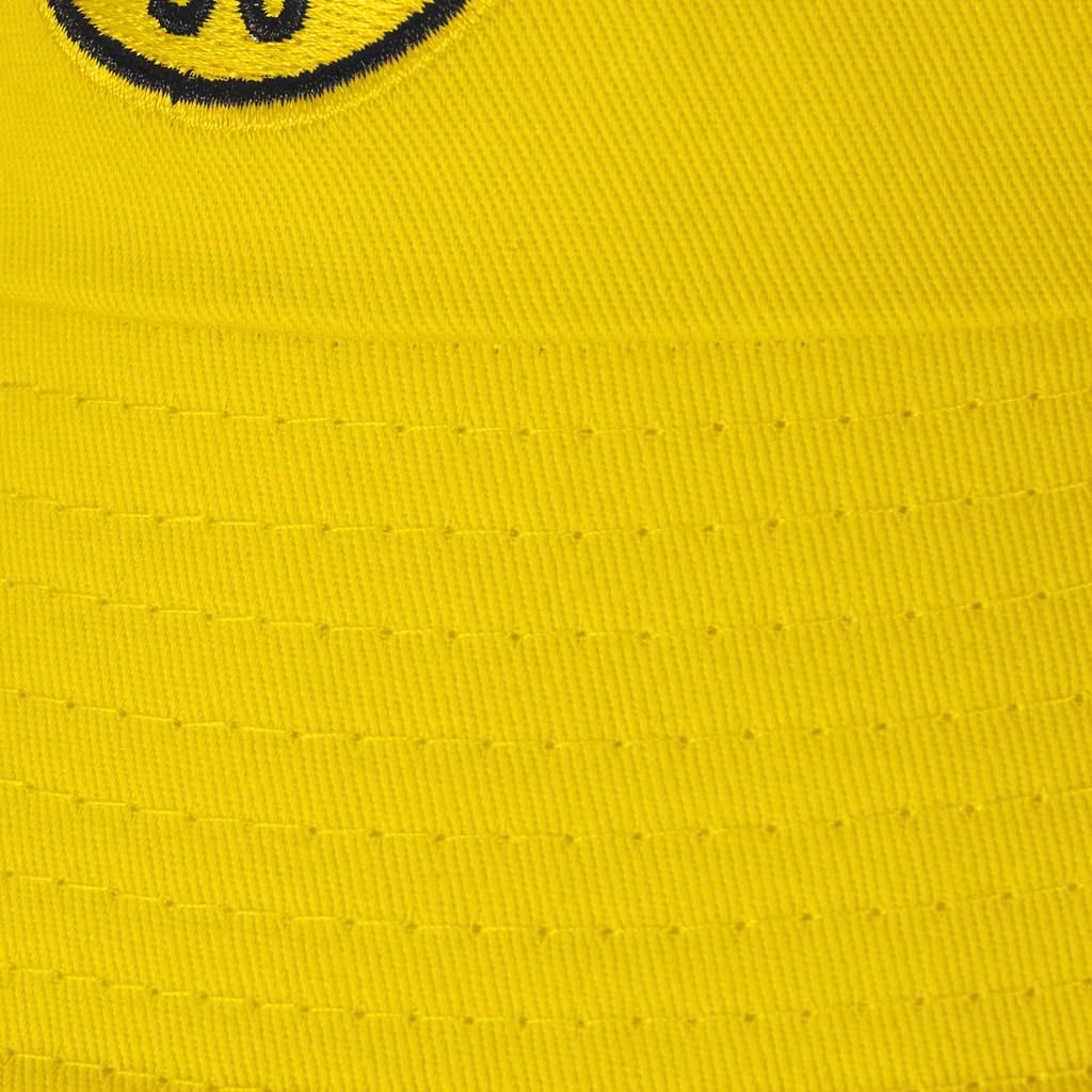 Sombrero de pescador amarillo del BVB con el logotipo del BVB bordado en negro, ideal para los aficionados del Borussia Dortmund.