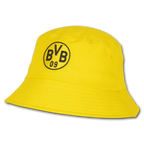 Gorro de pescador amarillo con el logotipo del BVB bordado en negro, ideal para los aficionados del Borussia Dortmund.