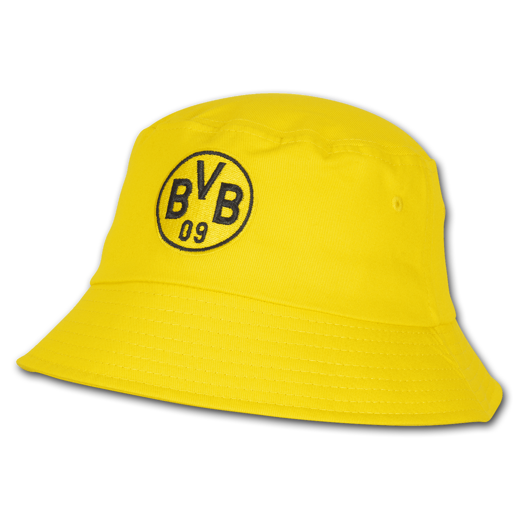 Gelber Fischerhut mit aufgesticktem schwarzem BVB-Logo, ideal für Borussia Dortmund Fans.