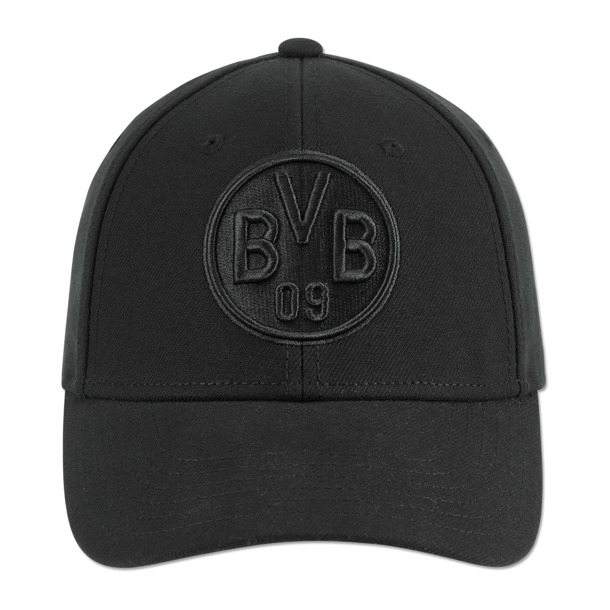Schwarze BVB-Cap mit stilvollem aufgesticktem BVB-Logo und der Zahl 09, ideal für Fans von Borussia Dortmund.