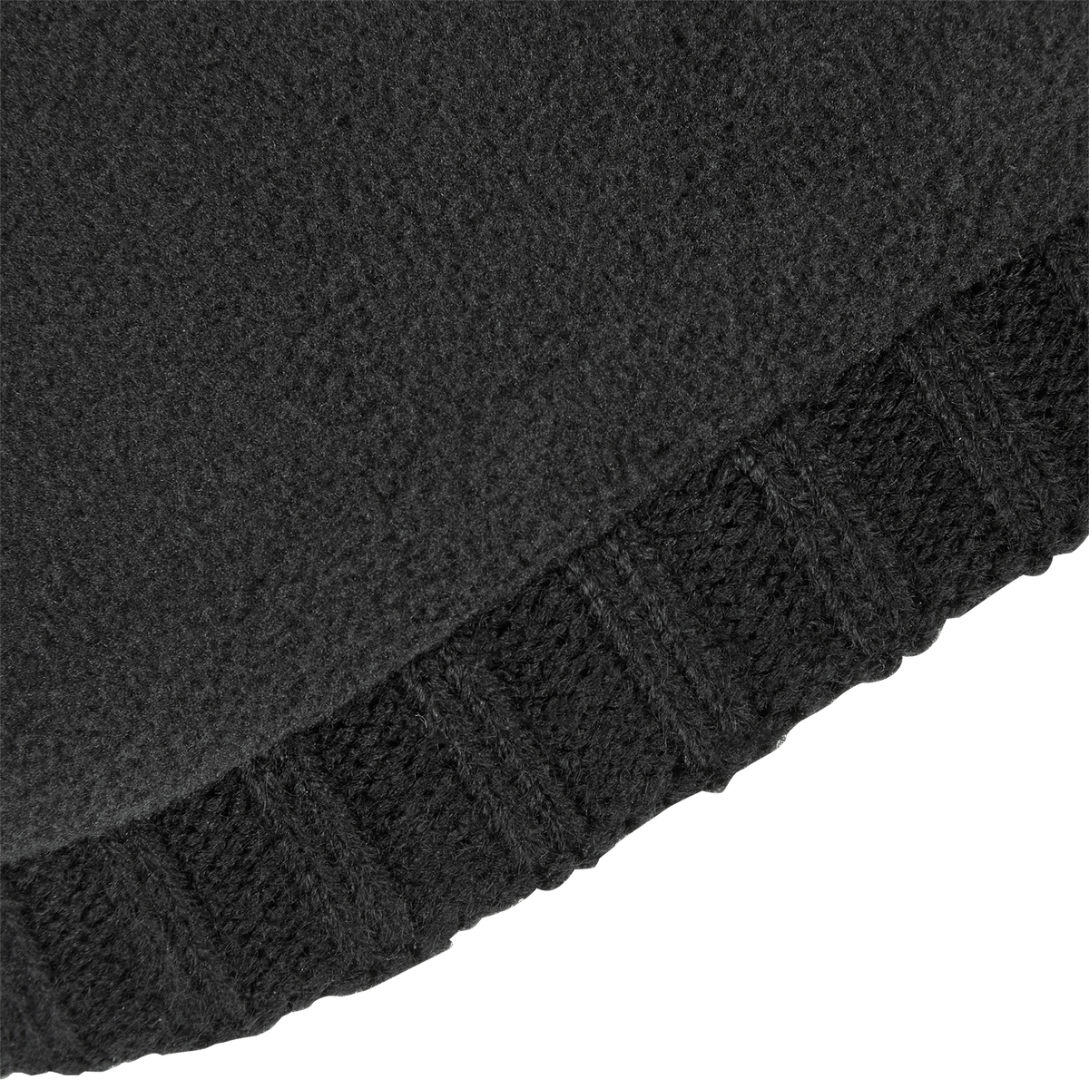 Schwarze BVB-Bommelmütze für Damen, Nahaufnahme des gestrickten Materials, ideal für kalte Wintertage und Borussia Dortmund Fans