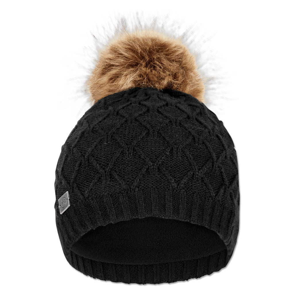 Schwarze Damen-Bommelmütze von Borussia Dortmund mit Zopfmuster, einem braunen Kunstfellbommel und einem BVB-Logo an der Seite, geeignet für kalte Wintertage.