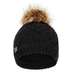Schwarze Damen-Bommelmütze von Borussia Dortmund mit Zopfmuster, einem braunen Kunstfellbommel und einem BVB-Logo an der Seite, geeignet für kalte Wintertage.