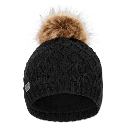 Schwarze Damen-Bommelmütze von Borussia Dortmund mit Zopfmuster, einem braunen Kunstfellbommel und einem BVB-Logo an der Seite, geeignet für kalte Wintertage.
