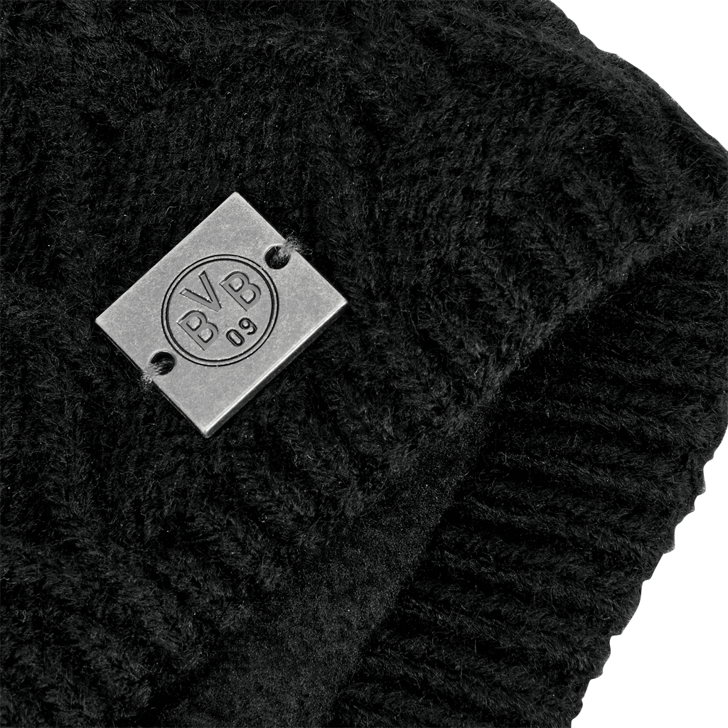 Bandeau noir en tricot orné du logo métallique « BVB 09 », idéal pour les supporters du Borussia Dortmund.