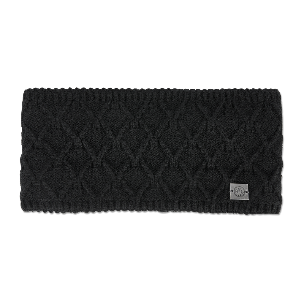 Bandeau noir BVB pour femme, avec motif tricoté et emblème BVB, idéal comme accessoire de supporter élégant.