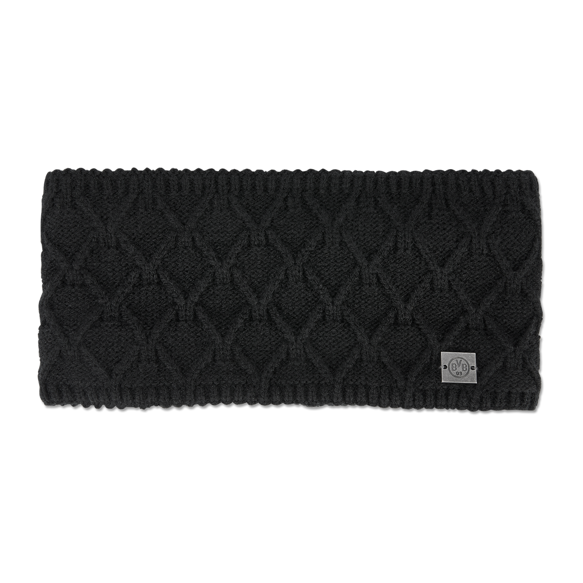 Schwarzes BVB-Stirnband für Damen mit gestricktem Muster und BVB-Emblem, perfekt als stilvolles Fan-Accessoire.