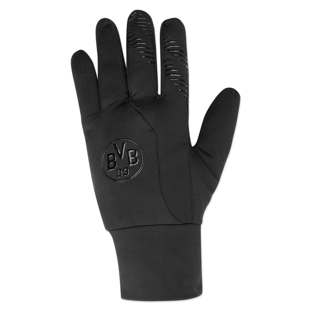 Un guanto funzionale nero del BVB con il logo del BVB e inserti antiscivolo, ideale per i tifosi e per un uso pratico.