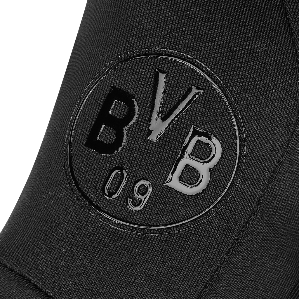 Detailaufnahme der schwarzen BVB Funktionshandschuhe für Kinder mit geprägtem BVB 09-Logo. Ideal für junge Fans von Borussia Dortmund.