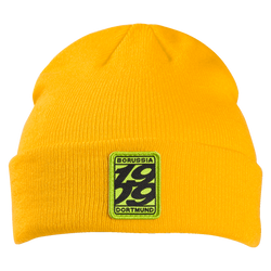Yellow BVB Urban Beanie with an embroidered Borussia Dortmund logo and the year 1909, perfect for cold days and as a fan item.