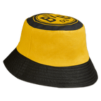 Sombrero de pescador negro y amarillo del Borussia Dortmund con el logotipo «BVB09» estampado en la parte superior, ideal como complemento de moda para los aficionados.