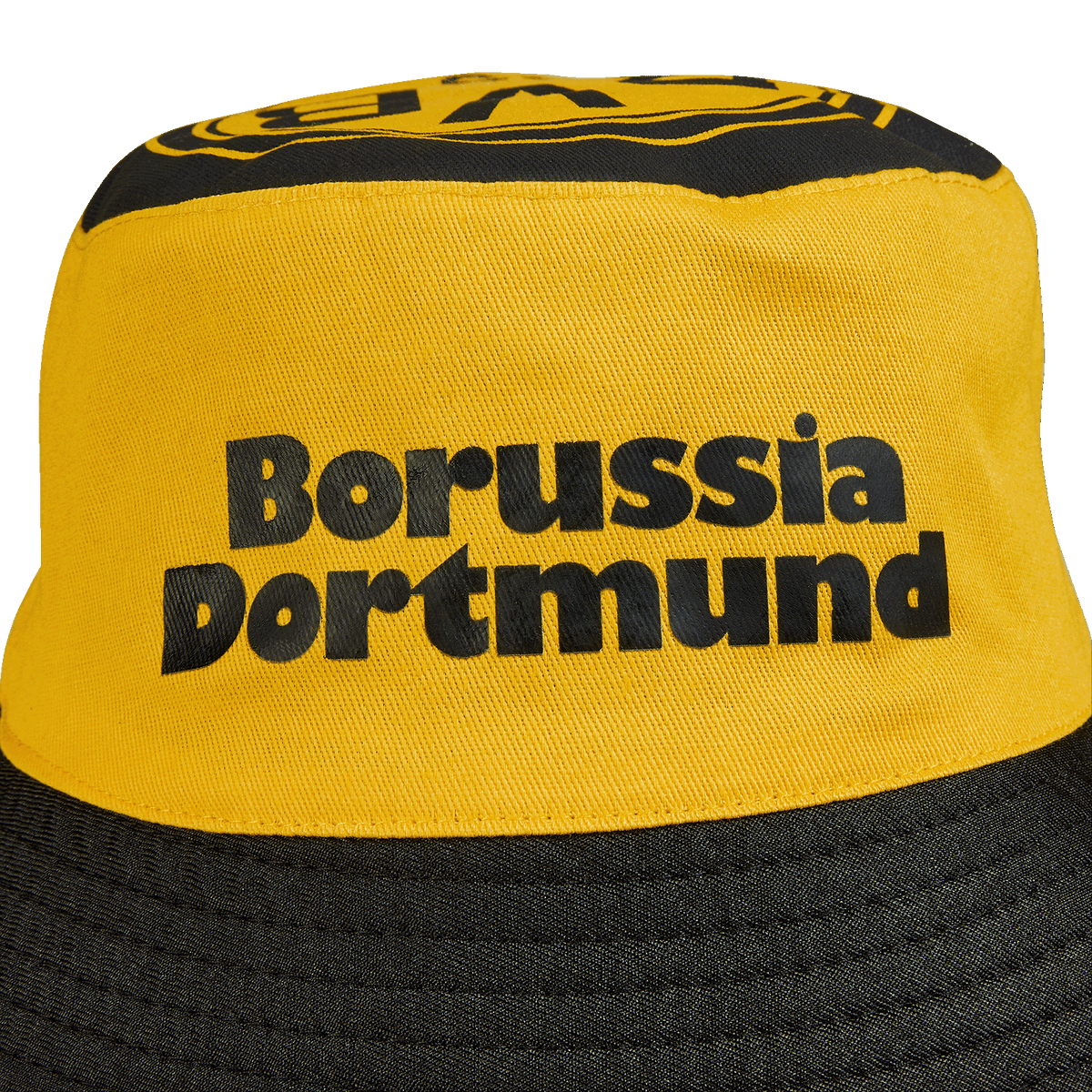 Black-and-yellow BVB fisherman's hat with "Borussia Dortmund" lettering—a stylish accessory for fans of the club.