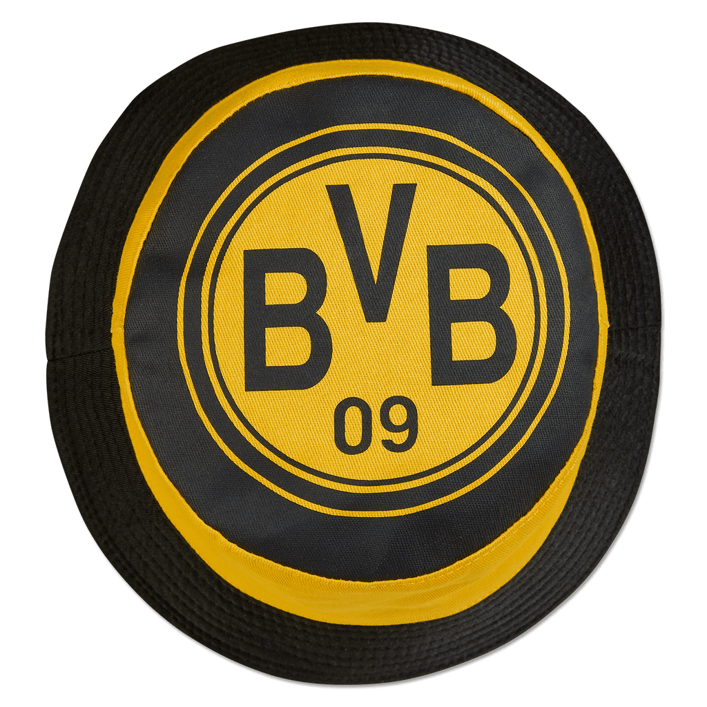 Gorro de pescador negro y amarillo del Borussia Dortmund con el destacado logotipo BVB09, ideal para los aficionados.