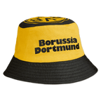 A black-and-yellow fisherman's hat with "Borussia Dortmund" lettering on the front and the BVB logo on the top, perfect for fans as a fashion accessory.