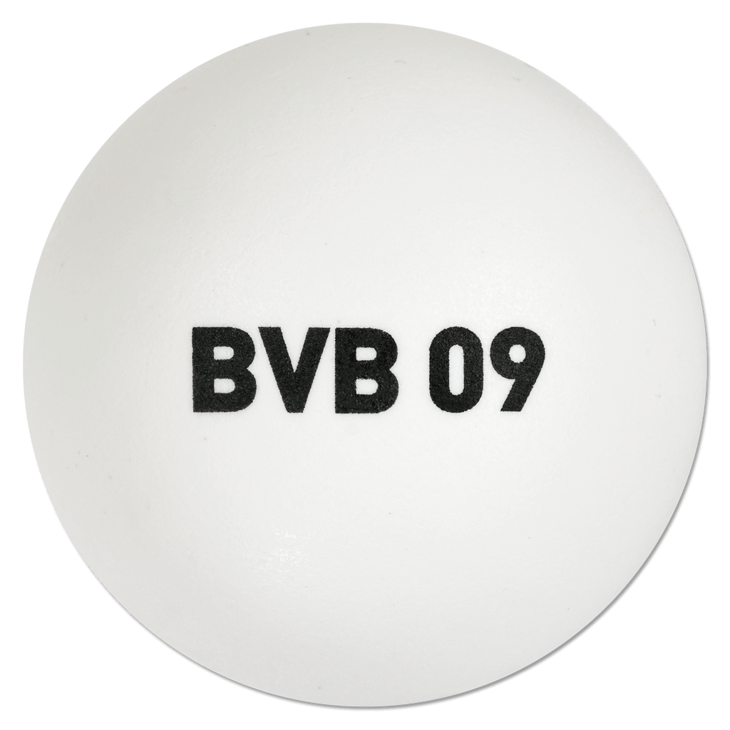 白色乒乓球，球身上印有黑色“BVB 09”字样，是多特蒙德球迷的理想之选。