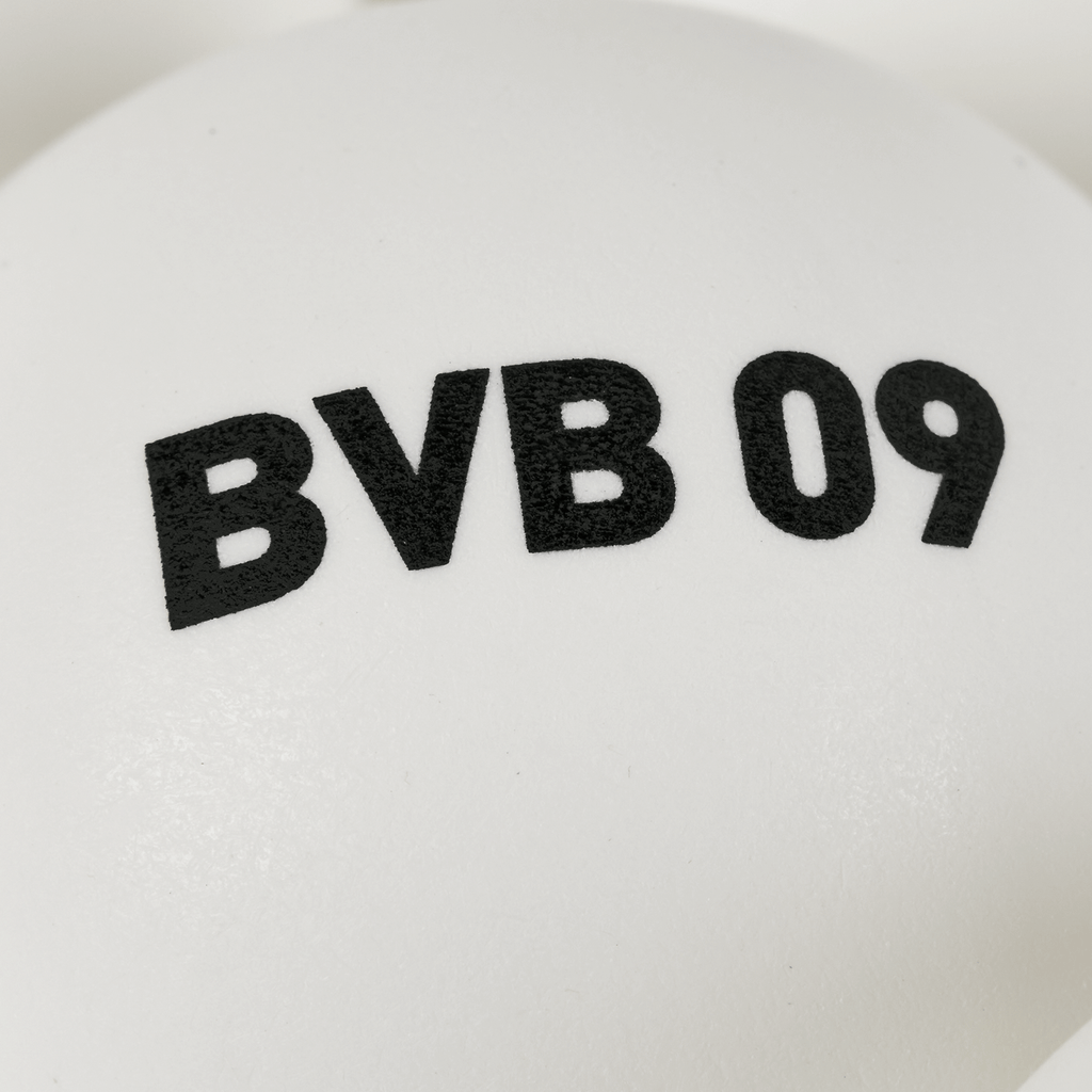 一套6个白色乒乓球，球上印有黑色字样“BVB 09”，是多特蒙德足球俱乐部官方授权的球迷商品。