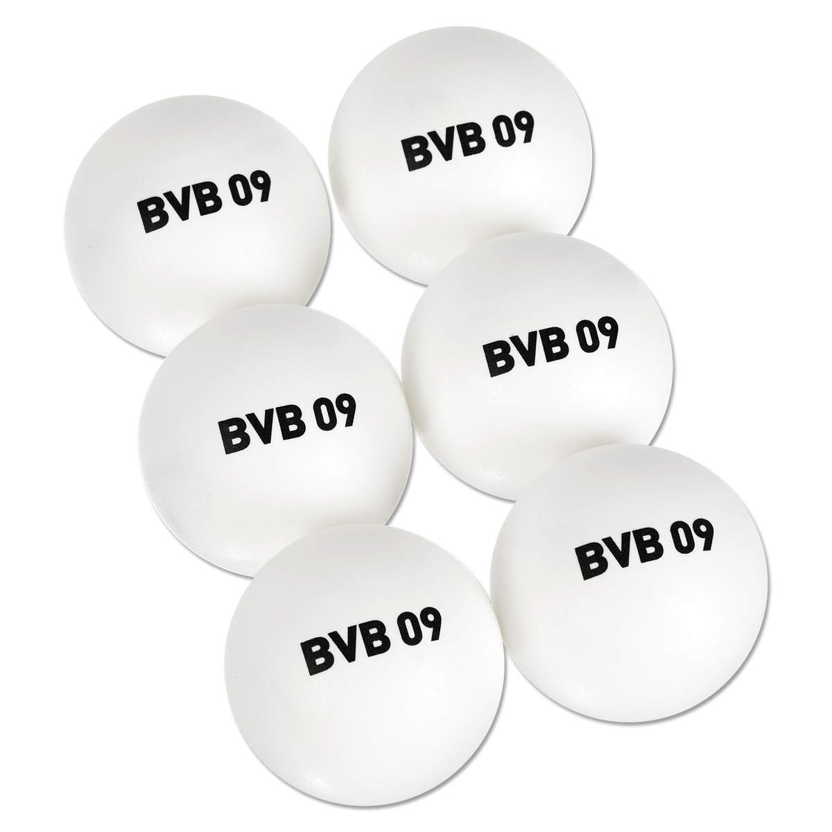 Ein 6er Set weißer Tischtennisbälle mit schwarzem BVB 09 Aufdruck, perfekt als Fanartikel für Borussia Dortmund Fans.