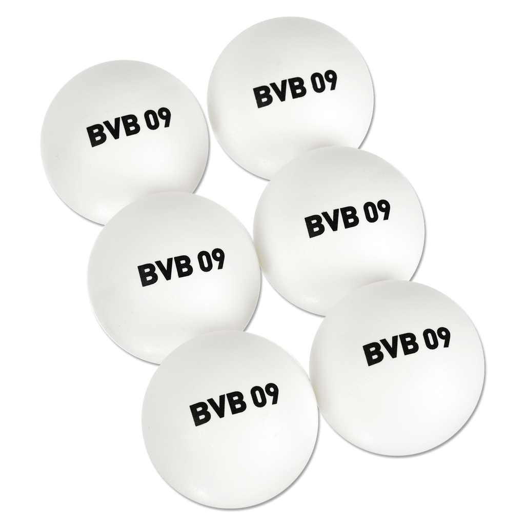 一套6个白色乒乓球，印有黑色“BVB 09”字样，是多特蒙德球迷的完美周边商品。