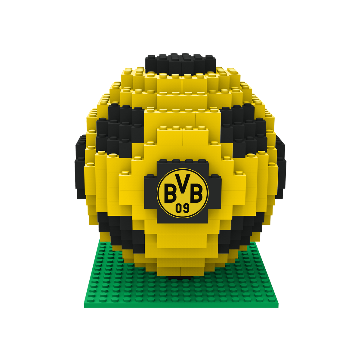 Pallone da calcio del BVB nei colori nero e giallo, realizzato con mattoncini e recante il logo BVB-09, presentato su una base verde composta da mattoncini.