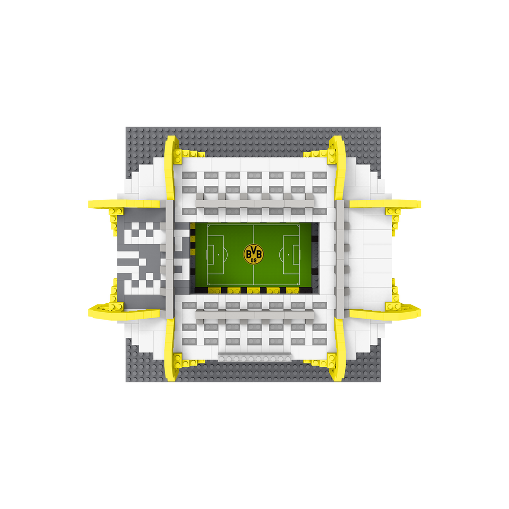 Kit de construction miniature du SIGNAL IDUNA PARK avec des mâts d'éclairage jaunes détaillés, la structure du stade et un terrain de jeu vert. Idéal pour les supporters du BVB et les collectionneurs.