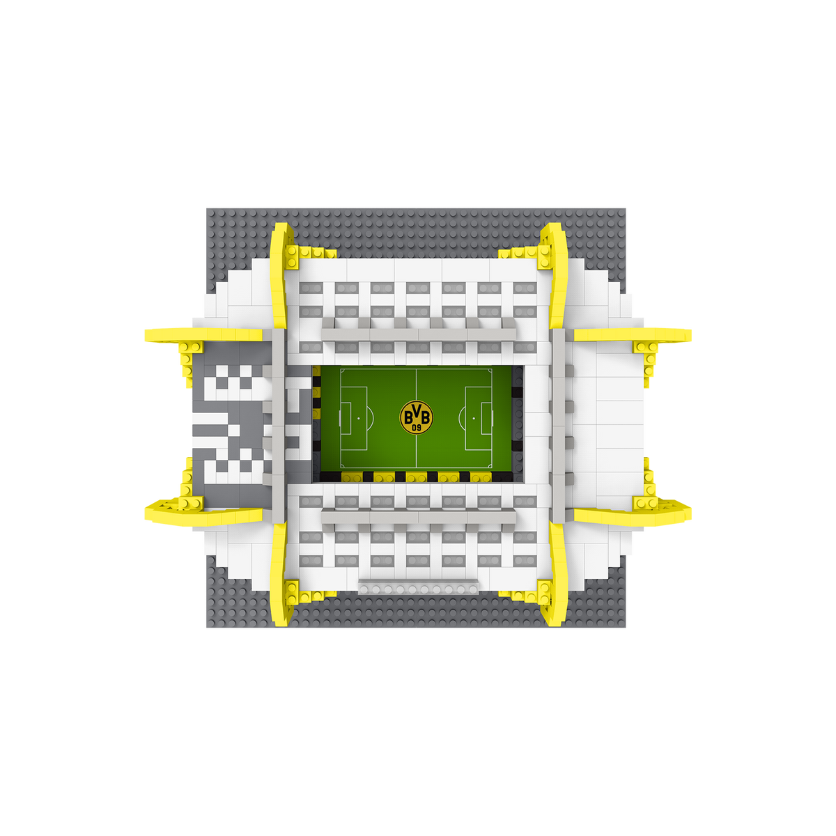 Kit de montaje en miniatura del SIGNAL IDUNA PARK con detalladas torres de iluminación amarillas, la estructura del estadio y el campo de juego verde. Perfecto para los aficionados del BVB y los coleccionistas.
