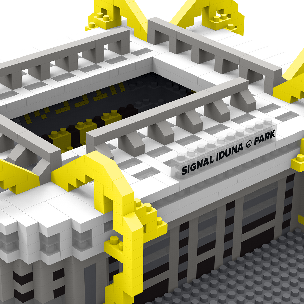 Maquette miniature du SIGNAL IDUNA PARK, le stade du Borussia Dortmund, avec ses couleurs noir et jaune caractéristiques et ses détails fidèles.