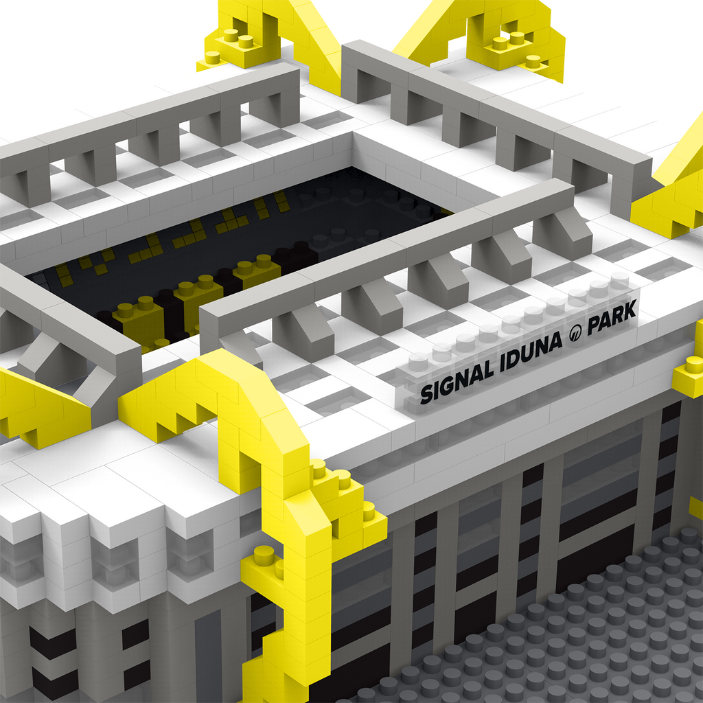 Maquette miniature du SIGNAL IDUNA PARK, le stade du Borussia Dortmund, avec ses couleurs noir et jaune caractéristiques et ses détails fidèles.