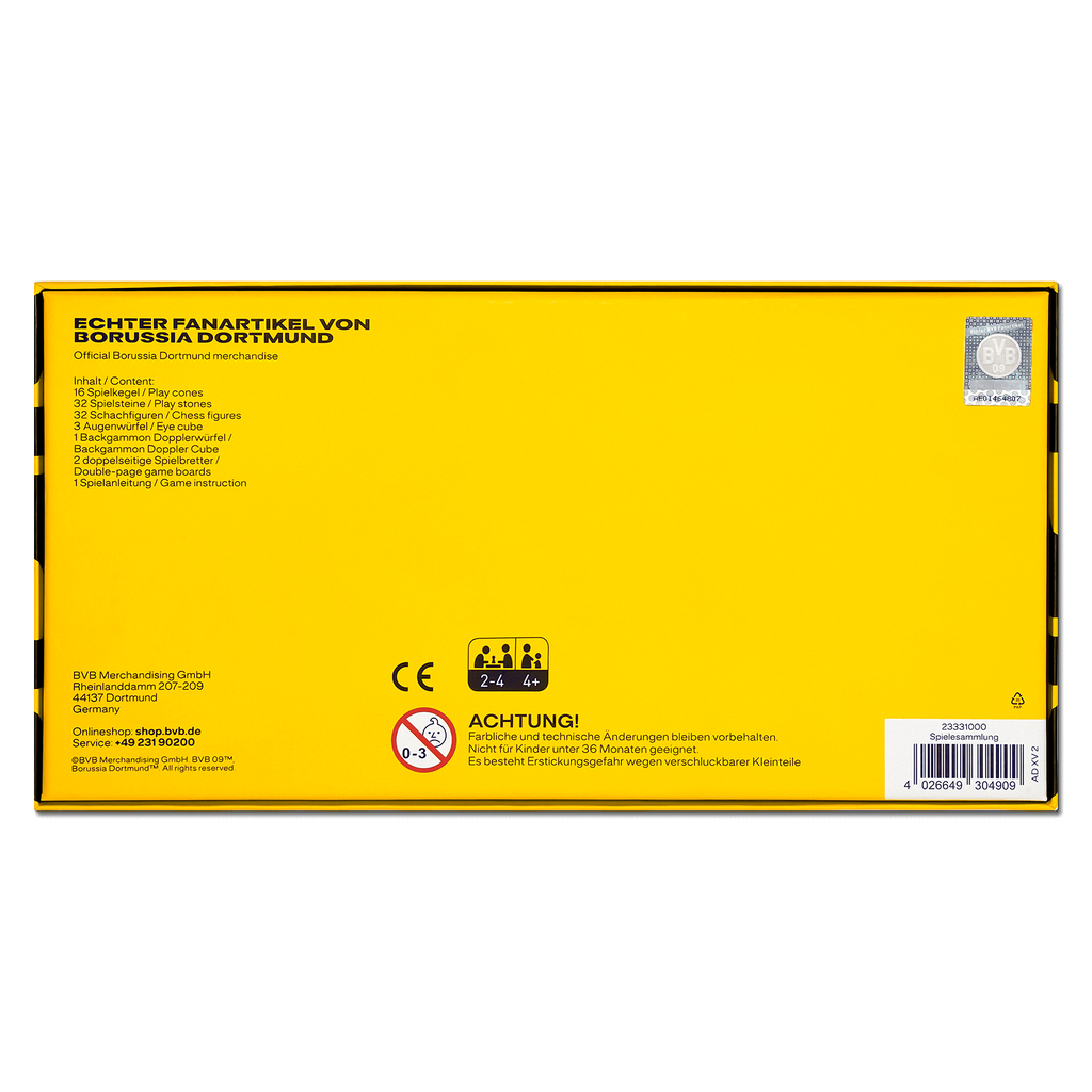 Rückseite der BVB-Spielesammlung in schwarzgelbem Design, offizieller Fanartikel von Borussia Dortmund mit CE-Kennzeichnung und Altersinformation.