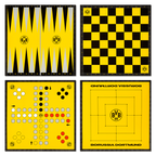 Die BVB-Spielesammlung in schwarzgelbem Design enthält verschiedene Brettspiele wie Schach, Dame, Backgammon und Ludo mit BVB-Logo und Borussia Dortmund Schriftzug.