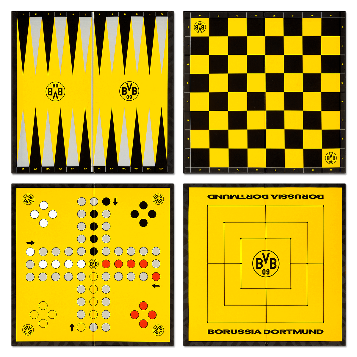 Die BVB-Spielesammlung in schwarzgelbem Design enthält verschiedene Brettspiele wie Schach, Dame, Backgammon und Ludo mit BVB-Logo und Borussia Dortmund Schriftzug.
