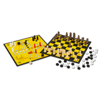 BVB-Spielesammlung mit Schach, Dame und Mensch ärgere dich nicht in klassischem schwarzgelbem Borussia-Dortmund-Design, perfekt für Fans und Gesellschaftsspiel-Liebhaber.