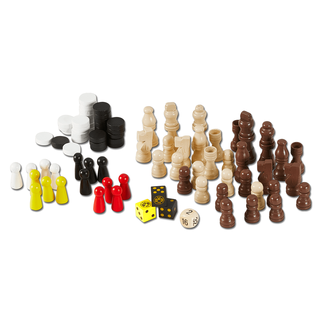 BVB-Spielesammlung mit Schachfiguren, Spielsteinen sowie schwarzgelben Würfeln. Perfekt für Fans von Borussia Dortmund.