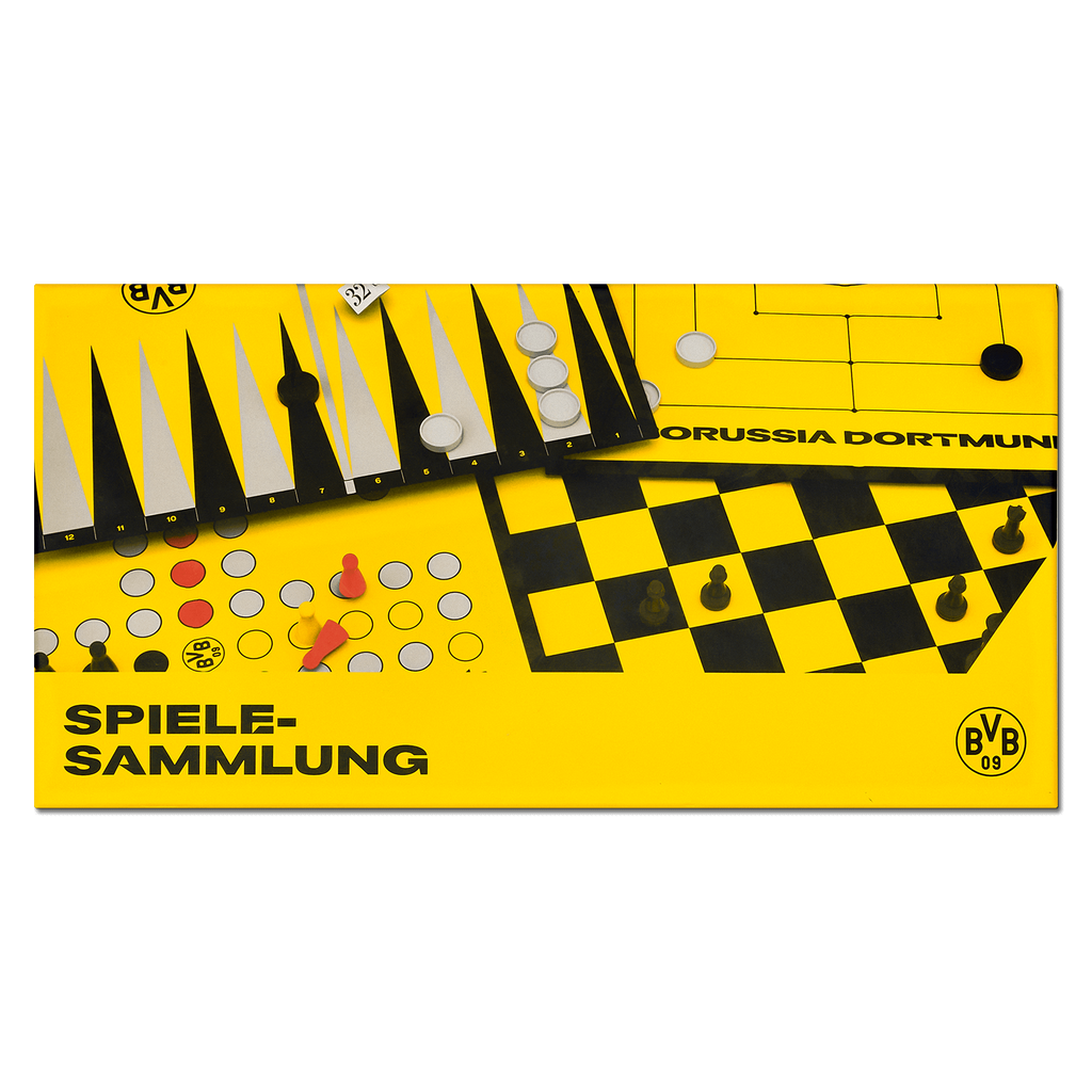 Die BVB-Spielesammlung umfasst Brettspiele wie Schach, Mühle und Backgammon, gestaltet in typischem schwarzgelbem Borussia Dortmund Design.