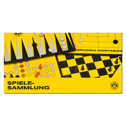 Die BVB-Spielesammlung umfasst Brettspiele wie Schach, Mühle und Backgammon, gestaltet in typischem schwarzgelbem Borussia Dortmund Design.
