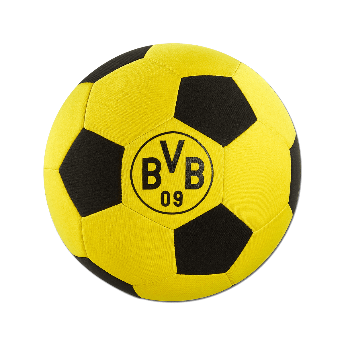 Mini pallina in neoprene nera e gialla con il logo del BVB, ideale come gadget per i tifosi o come oggetto decorativo, diametro 14 cm.