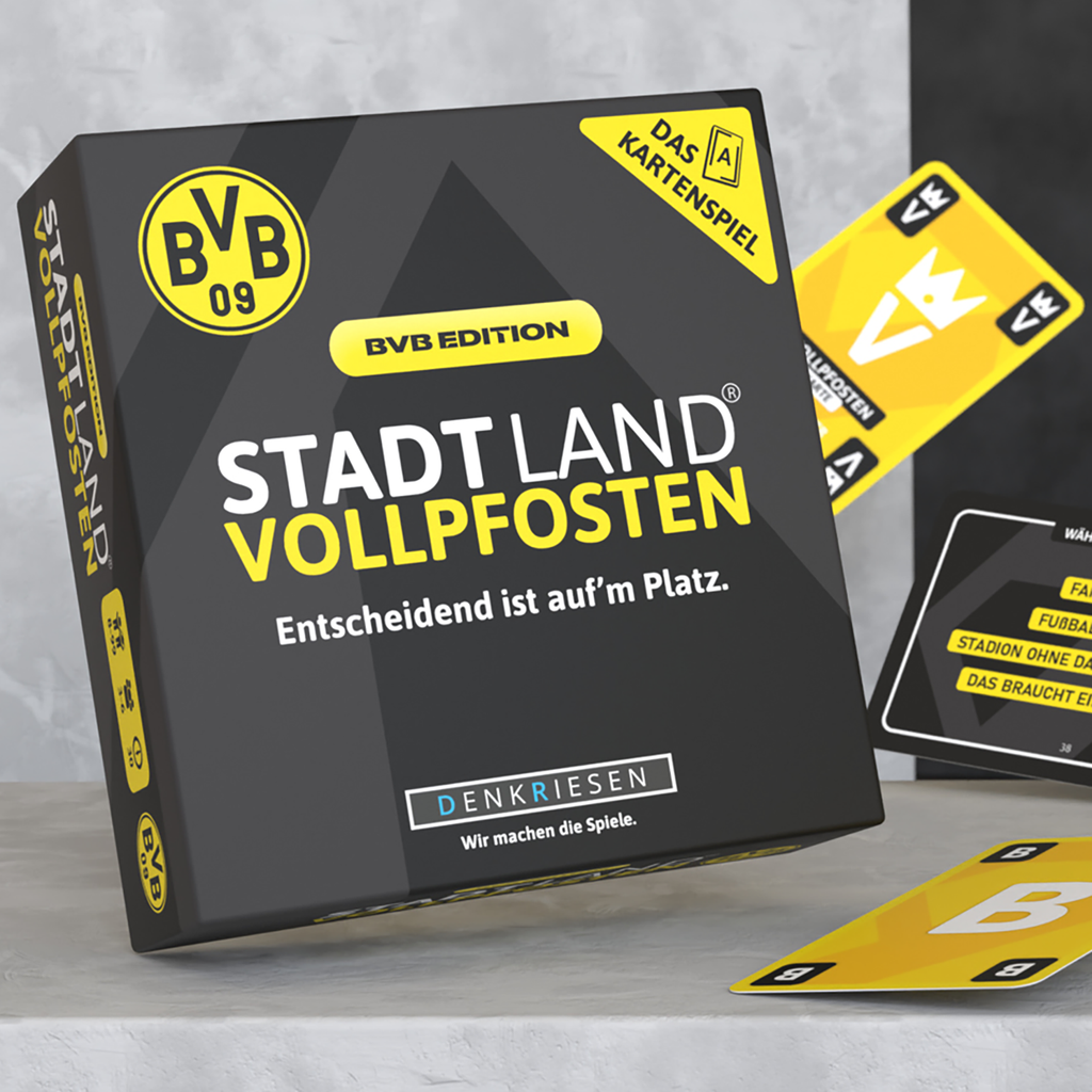 BVB Stadt Land Vollpfosten Kartenspiel in schwarzgelbem Design, ideal für Fans von Borussia Dortmund und Gesellschaftsspielen.