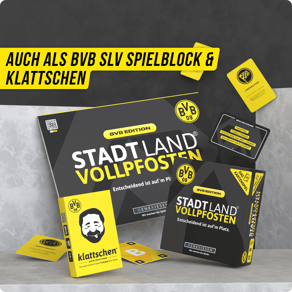 Schwarzgelbes BVB Stadt Land Vollpfosten Kartenspiel, inklusive Spielkarten und Klatschen-Box, ein unterhaltsames Gesellschaftsspiel für Borussia Dortmund Fans.