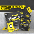 Schwarzgelbes BVB Stadt Land Vollpfosten Kartenspiel, inklusive Spielkarten und Klatschen-Box, ein unterhaltsames Gesellschaftsspiel für Borussia Dortmund Fans.