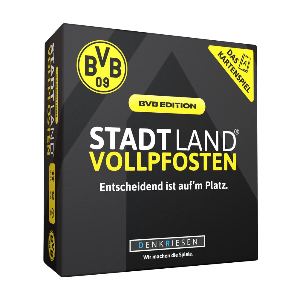 Das BVB Stadt Land Vollpfosten Kartenspiel in BVB-Edition mit schwarzgelbem Design, Vereinslogo und Denkspiel-Label – für Fans von Borussia Dortmund.
