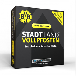 BVBエディションの「BVB Stadt Land Vollpfosten」カードゲーム。黒と黄色のデザイン、クラブのロゴ、そして「頭脳ゲーム」のラベルが特徴――ボルシア・ドルトムントのファンに最適です。
