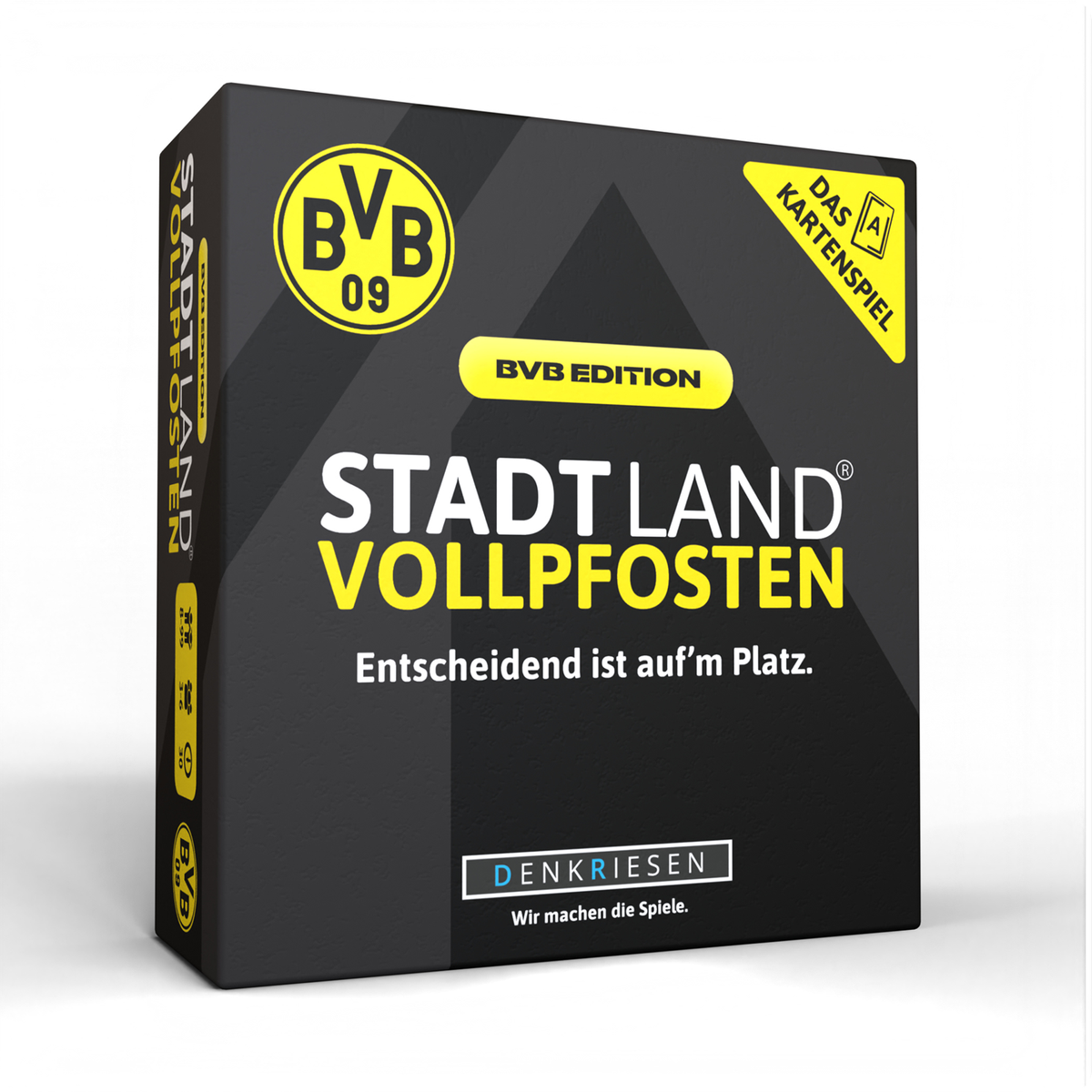 Das BVB Stadt Land Vollpfosten Kartenspiel in BVB-Edition mit schwarzgelbem Design, Vereinslogo und Denkspiel-Label – für Fans von Borussia Dortmund.