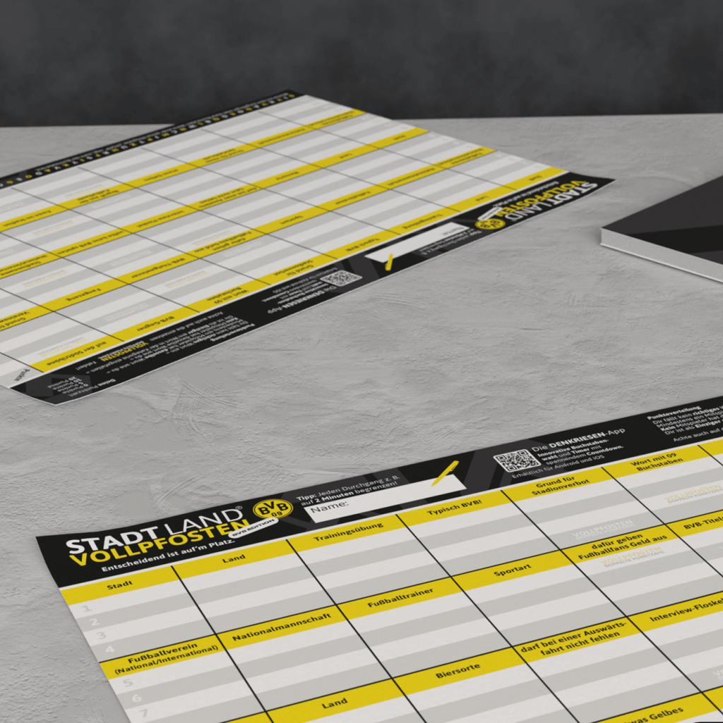 Stadt Land Vollpfosten Schreibblock im BVB-Design mit typischen Kategorien in schwarzgelber Optik, perfekt für Fans des Vereins.