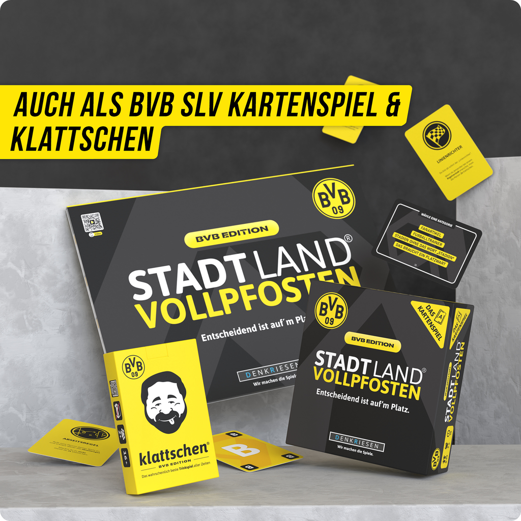 Gesellschaftsspiel 'Stadt Land Vollpfosten' in der BVB Edition mit schwarzgelbem Design und zusätzlichem Kartenset, spezieller BVB-Merchandise Artikel.
