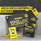 Gesellschaftsspiel 'Stadt Land Vollpfosten' in der BVB Edition mit schwarzgelbem Design und zusätzlichem Kartenset, spezieller BVB-Merchandise Artikel.