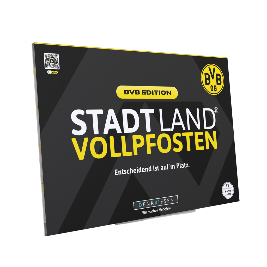 Gesellschaftsspiel Stadt Land Vollpfosten in der BVB-Edition mit schwarzgelbem Design und offiziellem BVB-Logo, geeignet für Fans ab 9 Jahren.