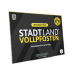Gesellschaftsspiel Stadt Land Vollpfosten in der BVB-Edition mit schwarzgelbem Design und offiziellem BVB-Logo, geeignet für Fans ab 9 Jahren.
