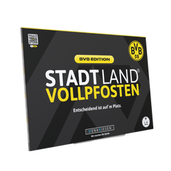 Gioco da tavolo “Stadt Land Vollpfosten” nell’edizione BVB, con design nei colori nero e giallo e logo ufficiale del BVB, adatto ai tifosi dai 9 anni in su.