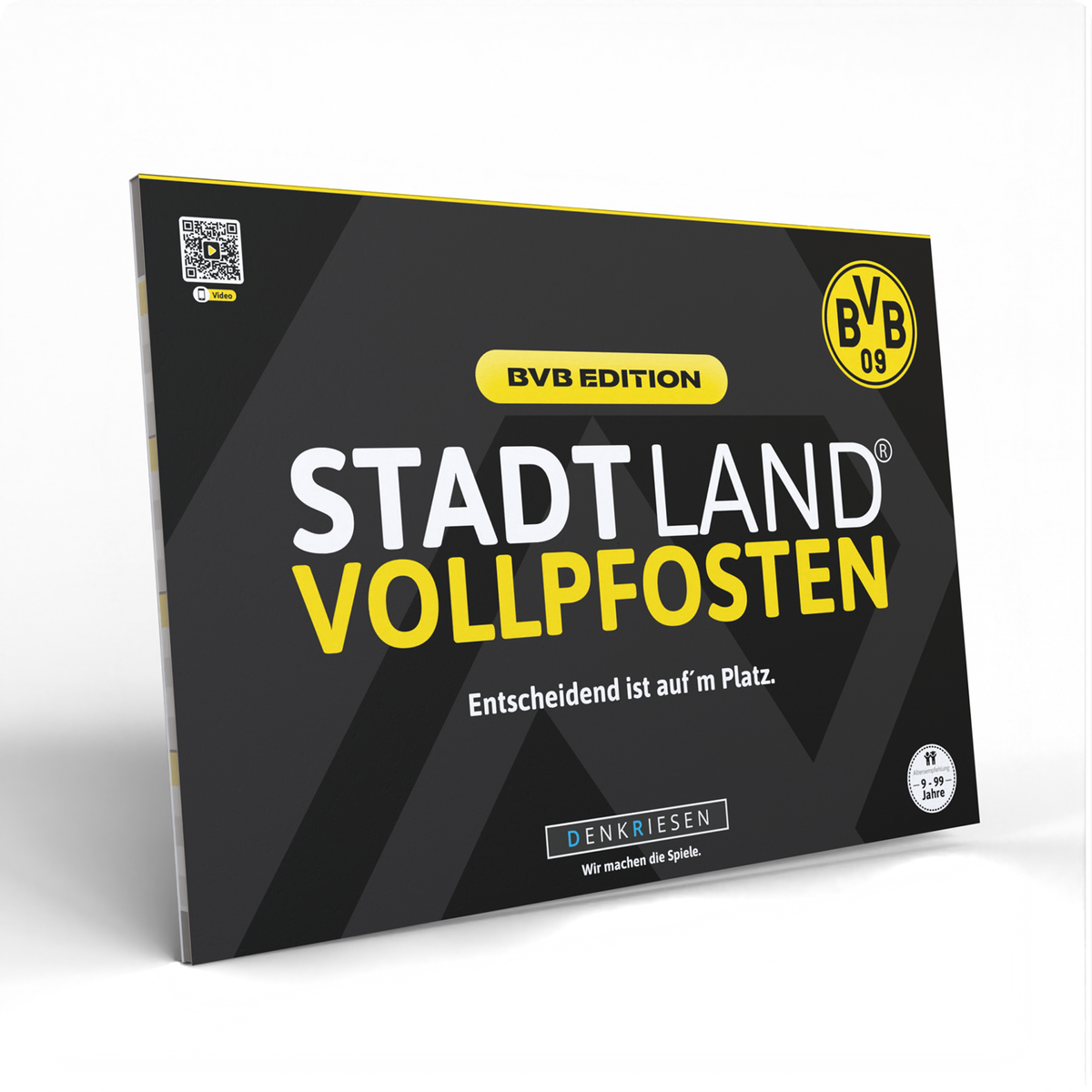 Gesellschaftsspiel Stadt Land Vollpfosten in der BVB-Edition mit schwarzgelbem Design und offiziellem BVB-Logo, geeignet für Fans ab 9 Jahren.