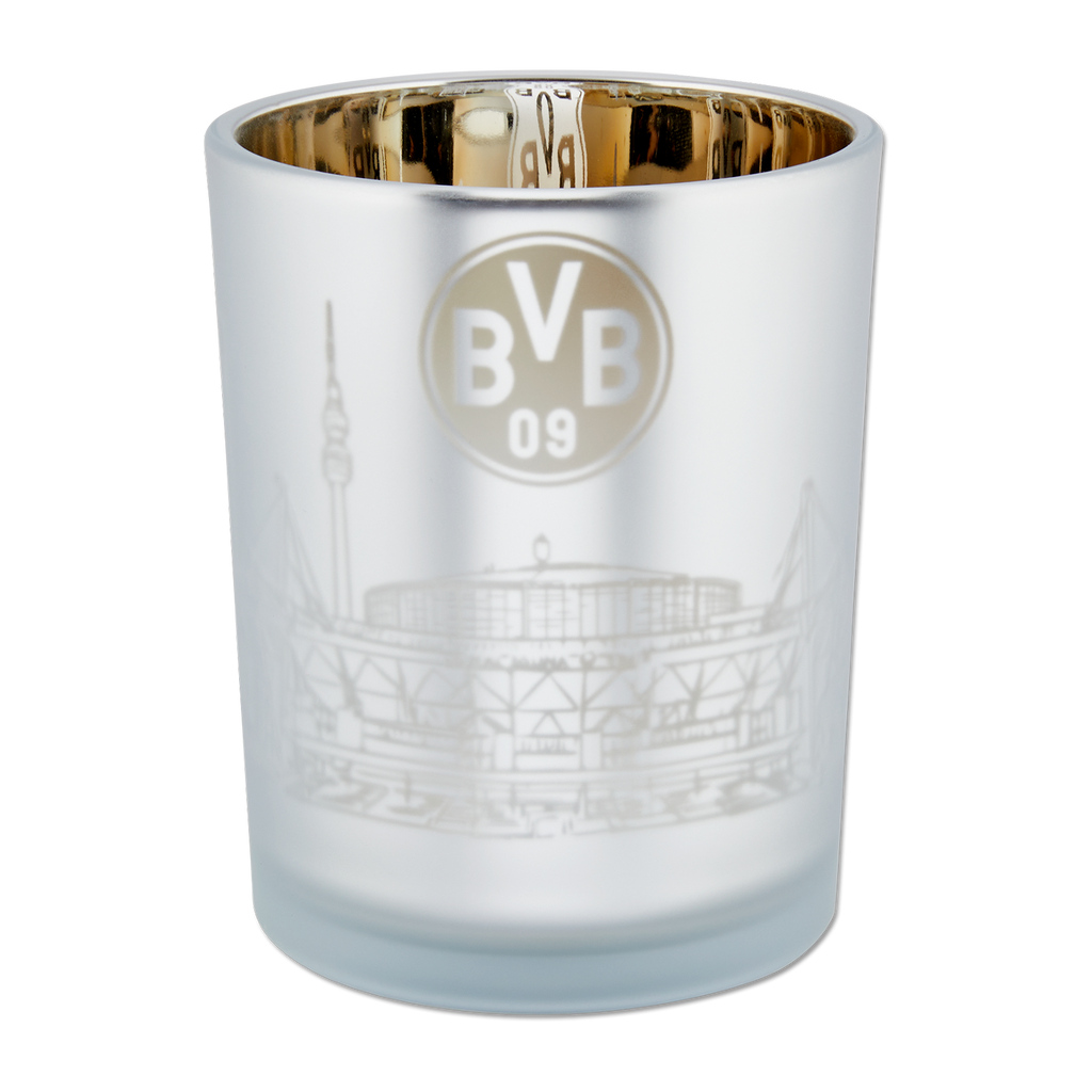 Lanterna in vetro del BVB con l'immagine del SIGNAL IDUNA PARK e finitura interna dorata, per una decorazione elegante.